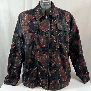 CJ Banks Plus Sz Womens 2X Black Jean Jacket w Rust, Burgundy Pattern